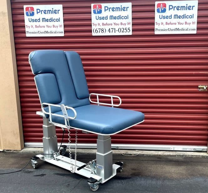 For Sale OAKWORKS Dual Tower Ultrasound Table w New Denim Upholstery & Hand Controller Ultrasound Table