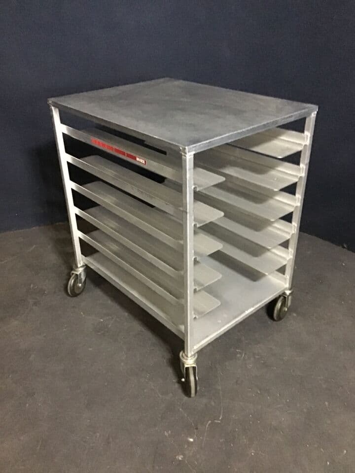 For Sale DINEX Food Tray Cart, Stainless Steel: 25 x 33 x 38hi 52lbs. 5inches in between shelves.
