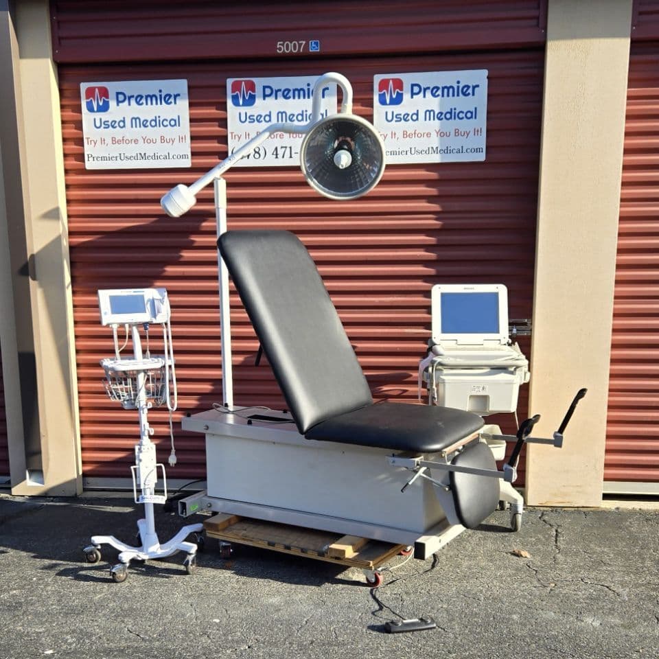 For Sale CLINTON Exam Chair Table w Stir Ups & New Black Upholstery Exam Table